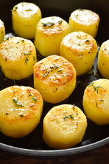 Fondant potatoes in frying pan
