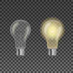 Realistic vector light bulb 3D set. Glowing yellow and white incandescent filament lamps, electricity on and off template on transparent background - obrazy, fototapety, plakaty