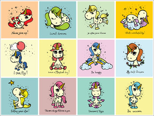 Set of cute doodle magic unicorns and magic things for kid's greeting card design, t-shirt print, inspiration poster.
