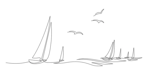 Foto auf Alu-Dibond Yachts on sea waves. Seagull in the sky. Draw one continuous line. Vector illustration. Isolated on white background © iuliiawhite