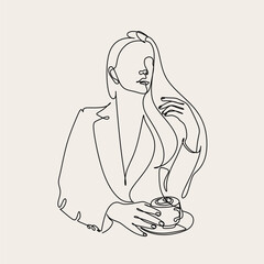Woman with Coffee cup. Continuous drawing of the coffee cup line. Vector illustration. Female barista
