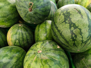 Close up of fresh watermelon fruits at stall of supermarket in Asia. Healthy and delicious dessert....