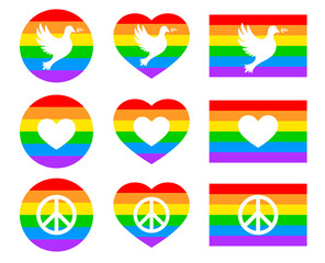 Happy pride month. Set of rainbow icons with white heart, peace dign and dove. Love is love, rainbow flag, lgbt pride. Heart-shaped and round logos. Human rights and tolerance