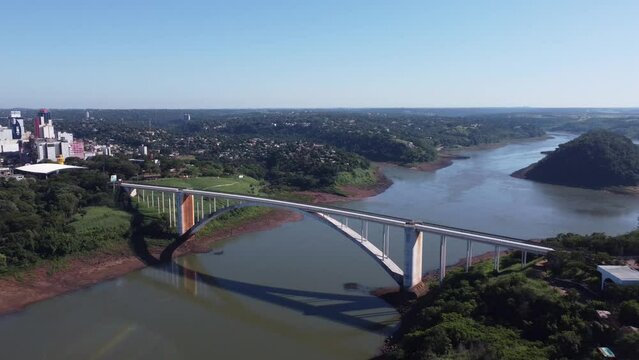Foz do Iguacu, Parana, Brazil 08 may 2022 Aerial view of Friendship Bridge, Ponte da Amizade or Puente de la Amistad