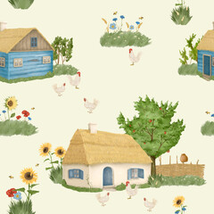 Watercolor rustic pattern with village houses