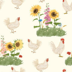 Watercolor rustic seamless pattern with flowers and chickens