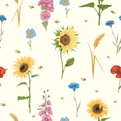 Watercolor pattern with wild flowers and bees