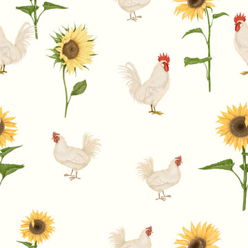 Seamless pattern with roosters, hens and sunflowers