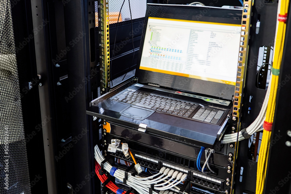 Poster server equipment. setting up network connection and servers. laptop for network connection managemen