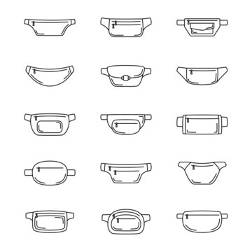 Set of waist bag icons. Collection of outline belt bags. Vector illustration