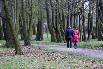Para ludzi spaceruje ścieżką w parku. - obrazy, fototapety, plakaty