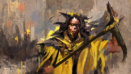 Digital illustration of a voodoo necromancer in yellow robes carrying a black scythe - fantasy painting