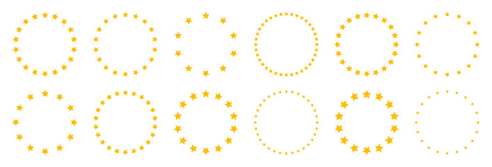 Stars of various sizes arranged in a circle. Round frame, border. Yellow star shape, simple symbol. Design element, ornament. Vector illustration