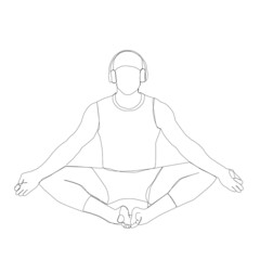 Continuous line art or one line drawing of man doing exercise in yoga pose. Sitting with cross leg. Yoga lotus pose. Young male practice yoga for meditation. Illustration of person on meditation.