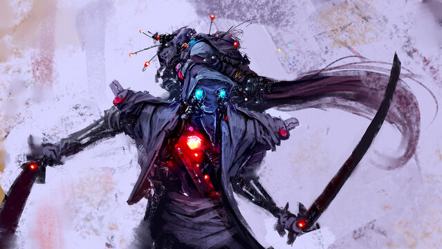 Digital illustration of a blue samurai android character with giant katana sword hands and red glowing chest - fantasy painting