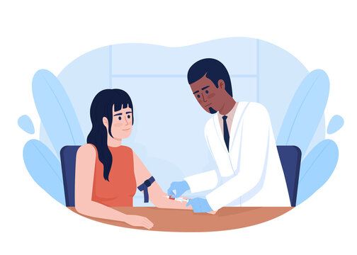 Doctor Collecting Patient Blood Sample From Vein 2D Vector Isolated Illustration. Medical Tests Flat Characters On Cartoon Background. Clinic Colourful Scene For Mobile, Website, Presentation