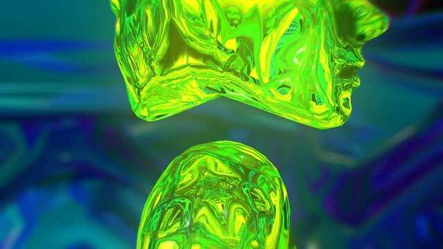 Seamless animation of metal heads with deformation and reflections. Cool metallic Metaverse concept background