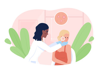Woman at dermatologist appointment 2D vector isolated illustration. Doctor and patient flat characters on cartoon background. Cosmetology colourful scene for mobile, website, presentation - obrazy, fototapety, plakaty