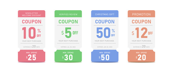 Discount coupons for different categories with colored background - obrazy, fototapety, plakaty