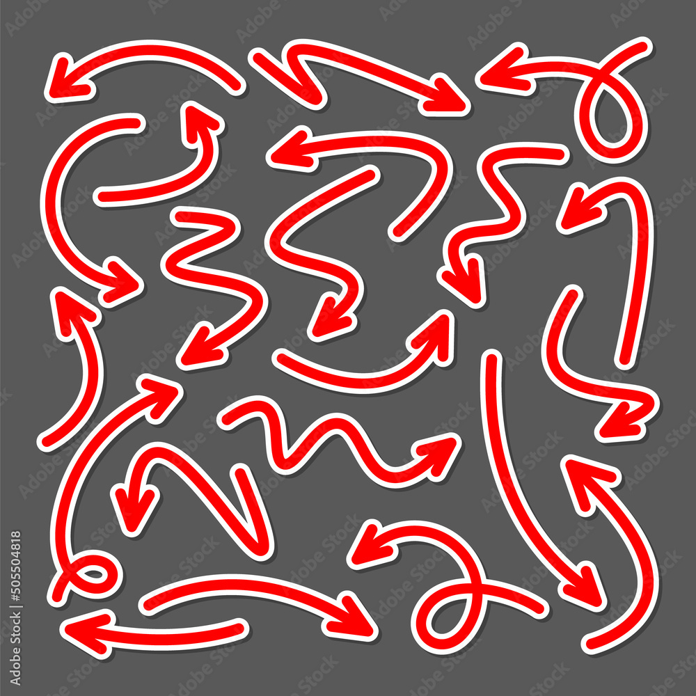 Aufkleber colorful hand drawn arrow stickers set. red pointers collection. simple arrows in different shapes. 