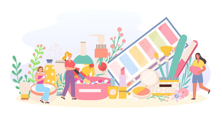 Makeup cosmetic and tiny female. Characters with powder, brush, cream, eye shadow and lipstick. Women using beauty products