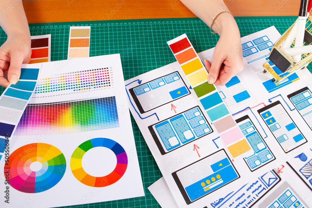 Poster mobile app design. the designer develops the user interface of the program. color palettes and templ