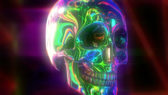 Seamless animation of water skull with deformation and reflections. Cool metallic Halloween background