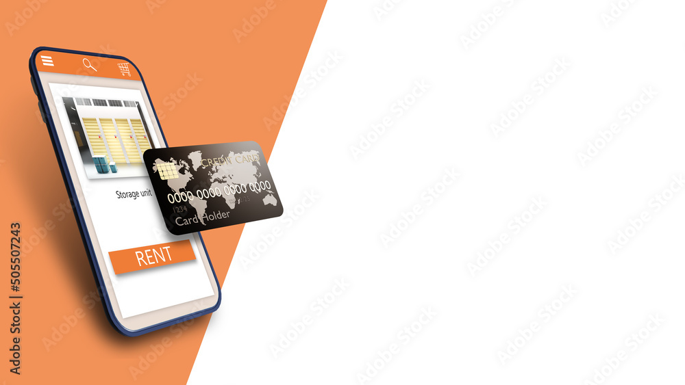 Poster goods storage app. warehouse app. storage unit rent. payment for the storage of goods. a smartphone 