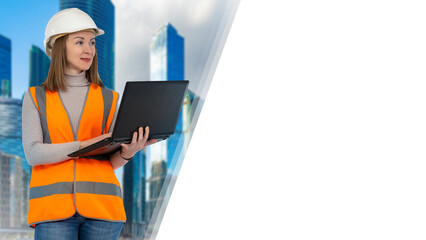 Woman in helmet and reflective vest. Girl with a laptop on skyscrapers background. Engineer smiles...