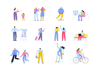 Fototapeta na wymiar Collection of flat cartoon men and women isolated on white background. Happy family, parents, couples, friends, business people, riding bicycle, working with laptop