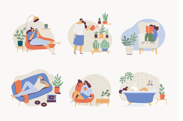 People spending time at home flat vector illustration set. Relaxing at home, leisure time - watering flowers, reading book, resting on couch, taking bath, drinking tea.