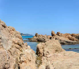 Fototapeta na wymiar Rocks at Cala de Santa Cristina beach, Costa Brava, Catalonia.