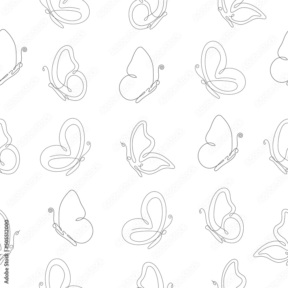 Poster line art butterfly flying seamless pattern. continuous one line drawing butterflies insects. vector 
