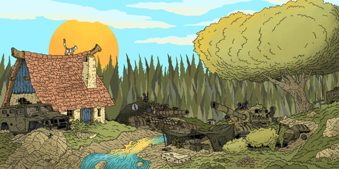 a line art artwork of a landscape with destroyed tanks and cars, left over from a long ago war. covered in nature. hidden in the picture are eight small cats. - obrazy, fototapety, plakaty
