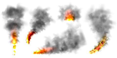 Black realistic smoke, dust clouds isolated on white background. Dirty polluted smog or fog. Air pollution, mist effect. Smoke from fire or explosion. Vector illustration © 32 pixels
