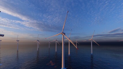 Offshore wind turbines farm on the ocean. Sustainable energy production, clean power, windmill. 3D Rendering.