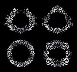 Silver vintage premium framing. Luxury round borders with swirls and natural leaves