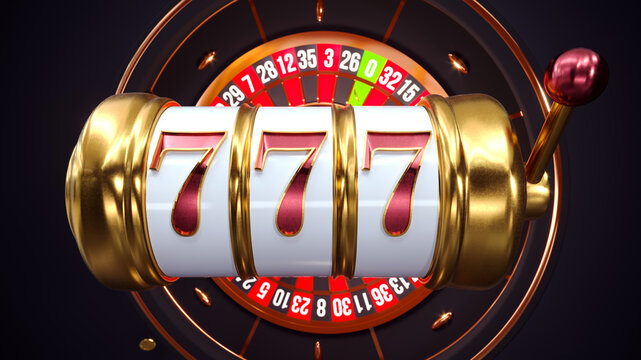 Online casino win concept with nimber 777 on slot machine. Casino dark background with slot machine and roulette wheel. 3d rendering