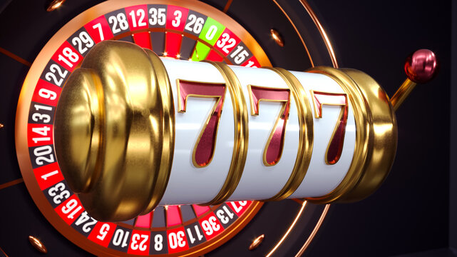 Casino dark background with slot machine, roulette wheel. Online casino win concept with nimber 777. 3d rendering