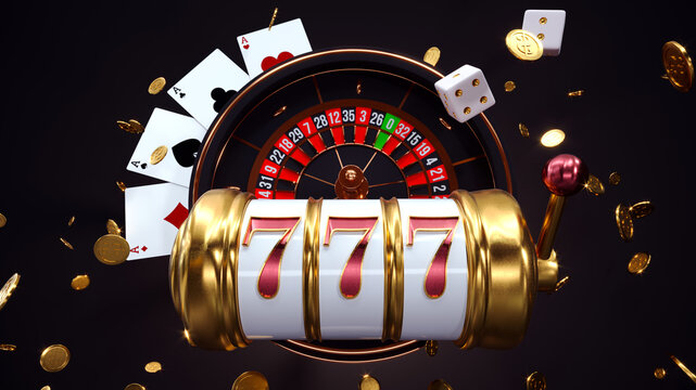 Casino background. Slot machine with roulette wheel. Online casino win concept with poker chips and playing cards in the air. 3d rendering