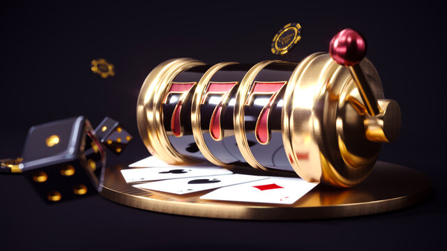 Casino background. Slot machine with roulette wheel. Modern black and golden online casino concept. Poker casino win. 3d rendering