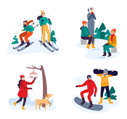 Winter active recreation. Couple skiing, snowboarding. Friends fishing on frozen water. Woman walking with dog