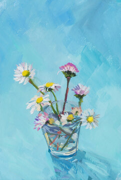 Vase flowers gouache. Daisies in glass on a blue background. Beautiful spring flowers hand-painted with paints. Vertical postcard, author's work, modern gouache painting. Designer bright illustration