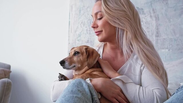 Elegant beautiful blonde woman simple clothes plays with cute adorable brown dog dachshund in the bedroom while sitting on a cozy bed in the bedroom. Time to have fun. concept of a pet. friend dog