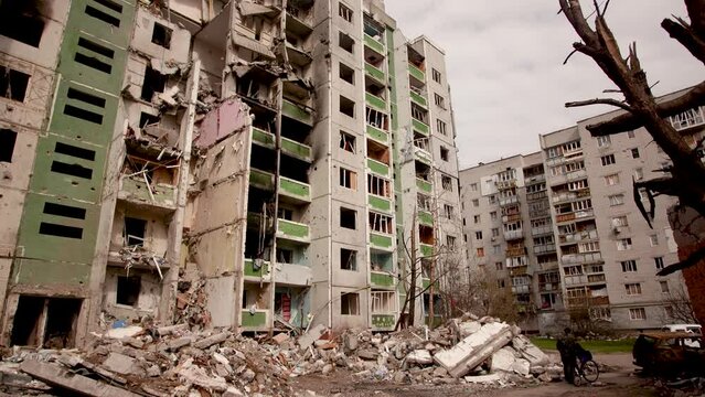 4k video of damaged ruined multi-storey house in ukrainian city Chernihiv near Kyiv on north of Ukraine. Ruins during War of Russia against Ukraine. Walls of ruined building by enemy aircraft troops
