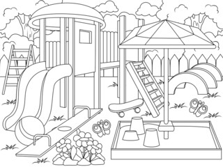 Playground. Coloring book page. Animals cartoon. Coloring page outline of cartoon.