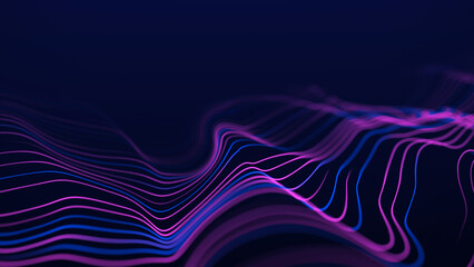 Dynamic wave of blue and pink lines on a blue background. Visualization of big data. Futuristic particle wave. Science and technology. 3d rendering.