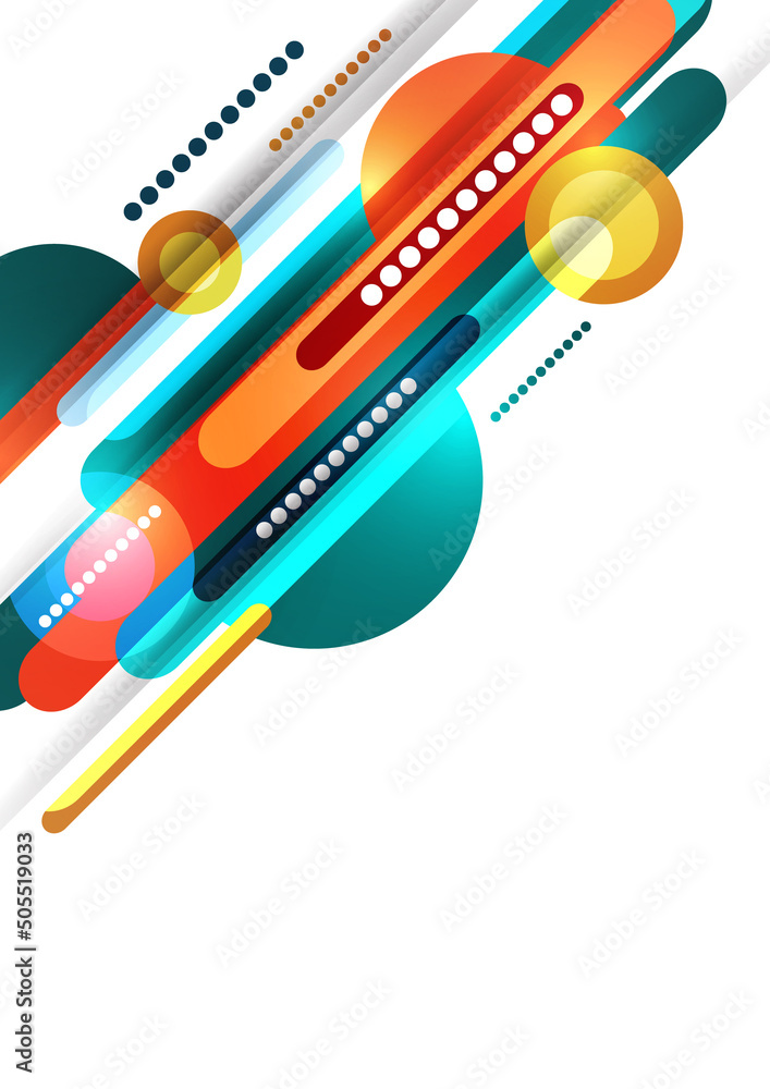Poster Overlapping lines, circle rectangles primitive composition. Vector geometric minimal abstract background for wallpaper, banner, background.