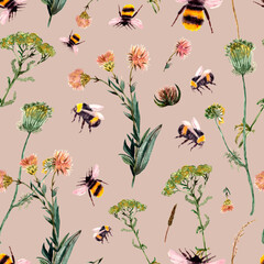 seamless pattern with bumblebee and wild flowers and herbs. Spring, summer trendy print, watercolor. - 505519610