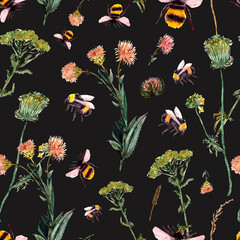 seamless pattern with bumblebee and wild flowers and herbs. Spring, summer trendy print, watercolor. - 505519619